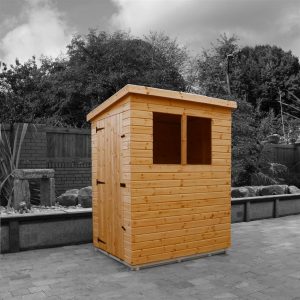 5x4 garden shed. Style: Pent roof. Brand: Harts Timber Sheds. Material type: Wooden tongue and groove. One single door.