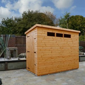8x4 Garden shed-pent roof-door left gable end panel hinged left-three security windows