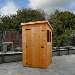 4x4 Garden shed-pent roof-door front panel hinged left-two full size windows right gable end