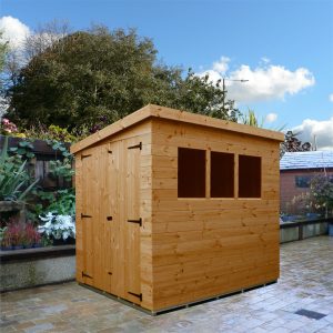 7x6 Garden shed-pent roof-double doors left gable end panel-three full size windows